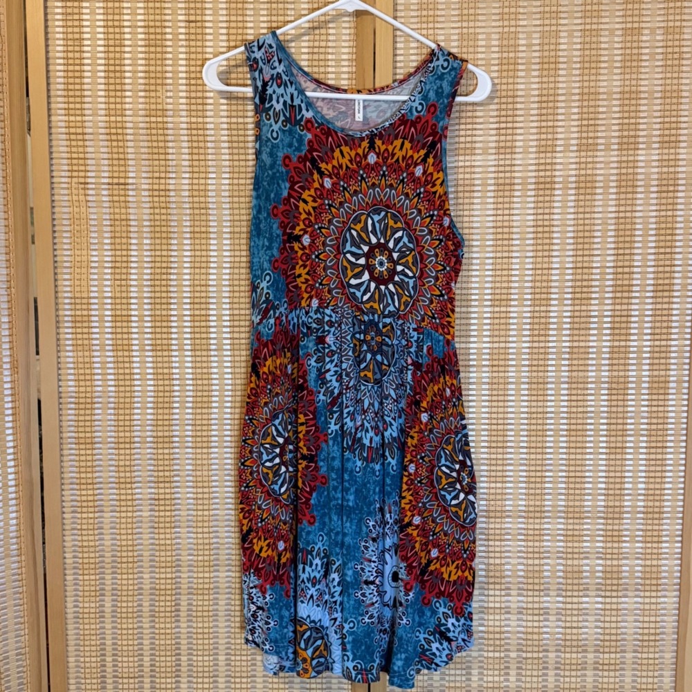 LONGYUAN Womens Boho Mandala Print Sleeveless Pocket Dress Teal Orange Large